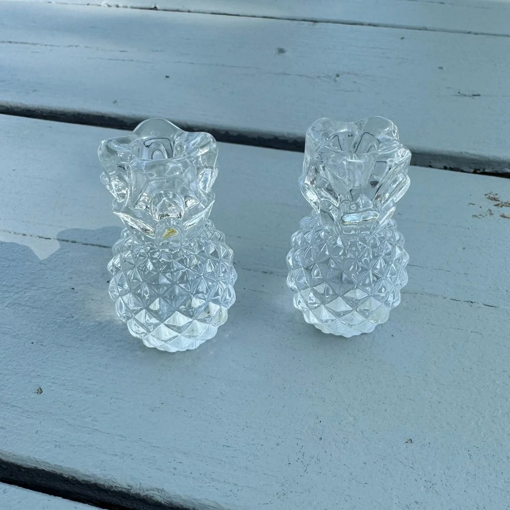 Set of 2 Williams Sonoma Glass Pineapple Small Candlestick Holders 2.5 in.